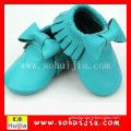 2015 hot sale cheap top quality blue big bow moccasins soft flat cow leather baby shoes